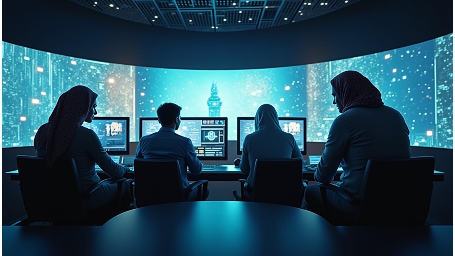 Cinematic shot of a modern film studio control room with glowing screens and diverse professionals, subtly blended with traditional Middle Eastern architectural arches in the background.