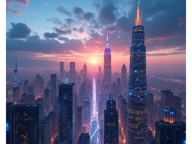 A vibrant, futuristic city skyline with holographic projections and intertwined digital pathways, symbolizing evolving entertainment.