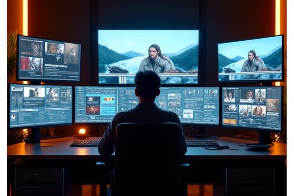 A filmmaker looking at a multi-screen setup, with one screen displaying a dynamically edited documentary scene.