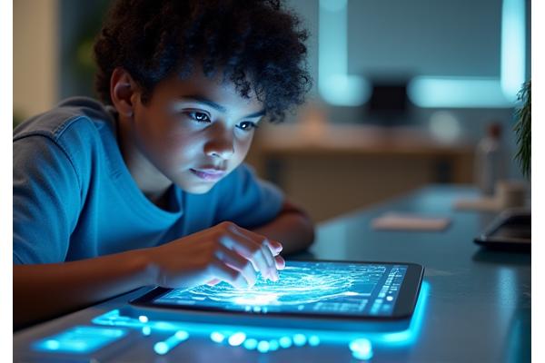 A student engaging with an interactive tablet showing educational content adapting to their learning pace.