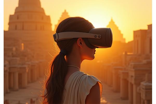 A person wearing a VR headset, immersed in a lush, ancient cityscape with realistic historical elements.