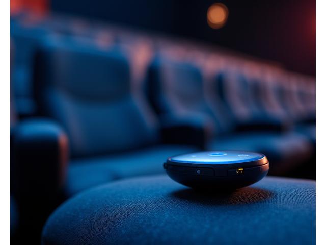 Audience member using assistive hearing device in a cinema.