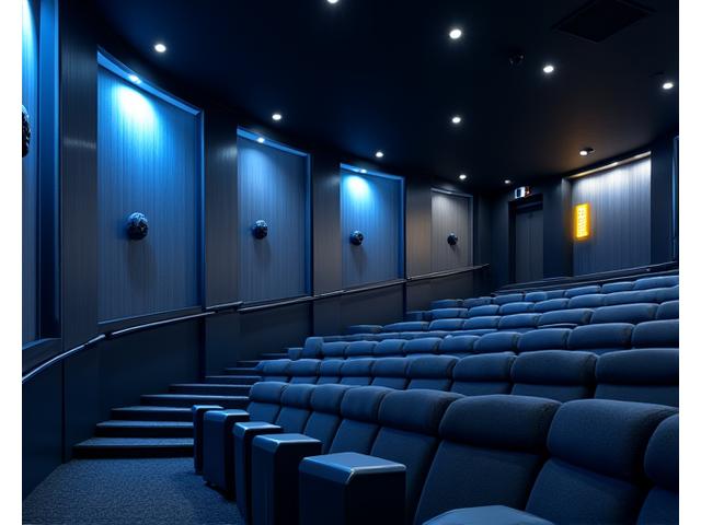 Immersive cinema sound system speakers strategically placed around a theater auditorium.
