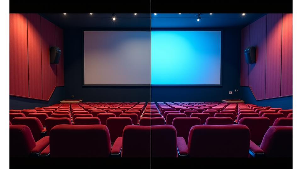 Before/after comparison of a cinema interior, showing transformation from outdated seats and dim lighting to modern, comfortable seating and bright, crisp screen visuals.