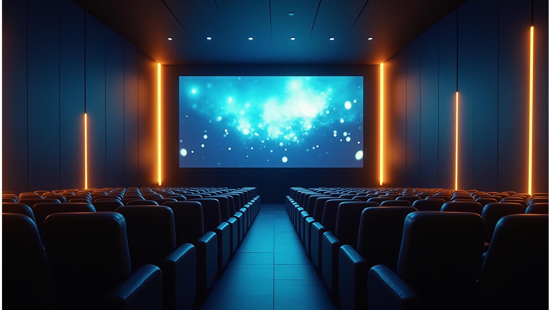 Modern cinema interior with advanced projection illuminating the screen, showcasing vibrant 4K visuals, hints of futuristic technology, warm ambient lighting.