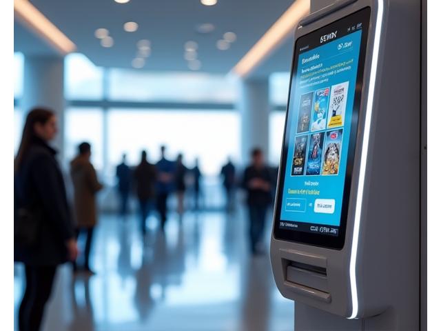 Modern self-service ticketing kiosk in a cinema lobby.