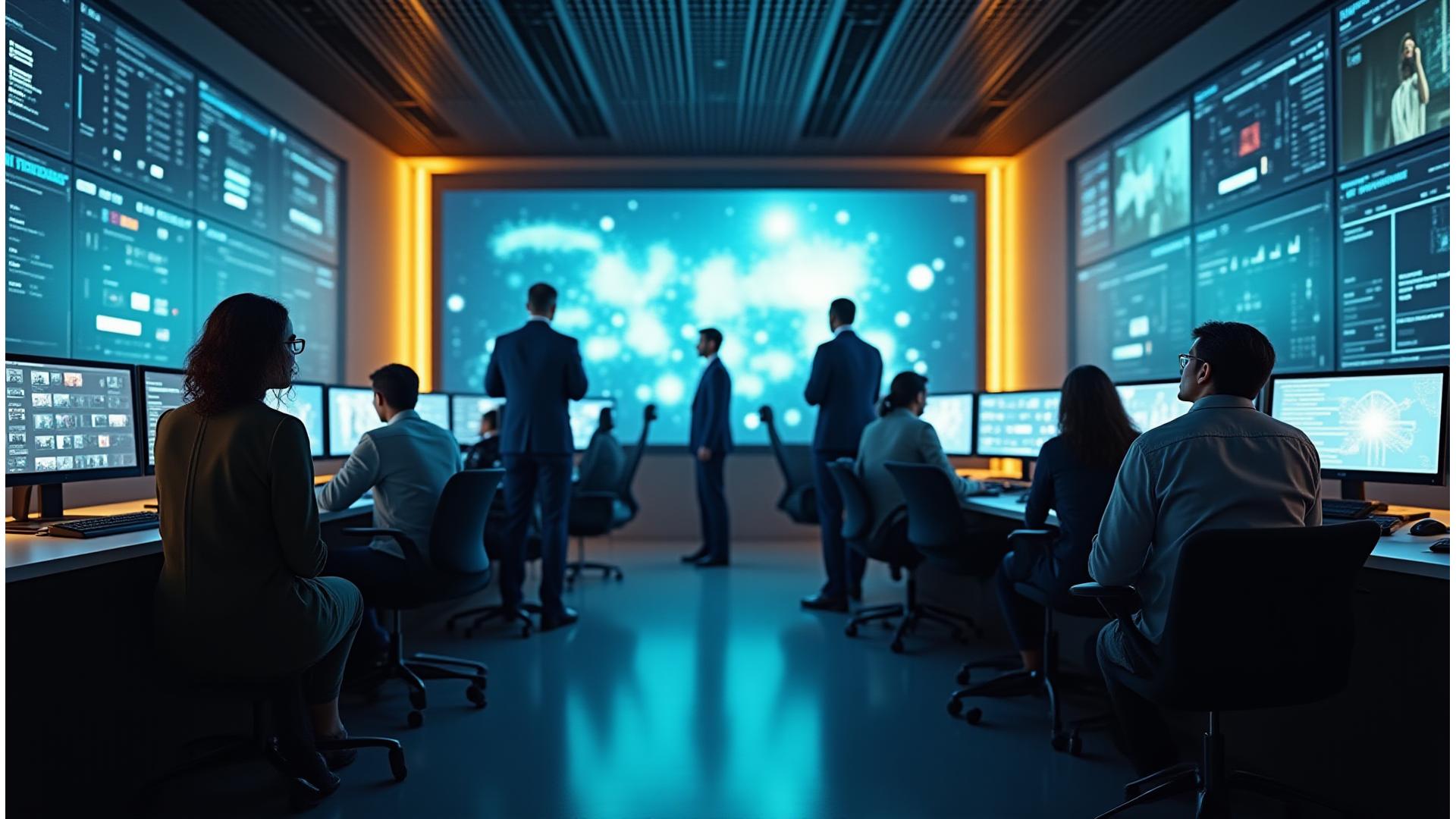 Cinematic shot of a modern media control room with diverse professionals collaborating, advanced screens displaying analytics and film reels.