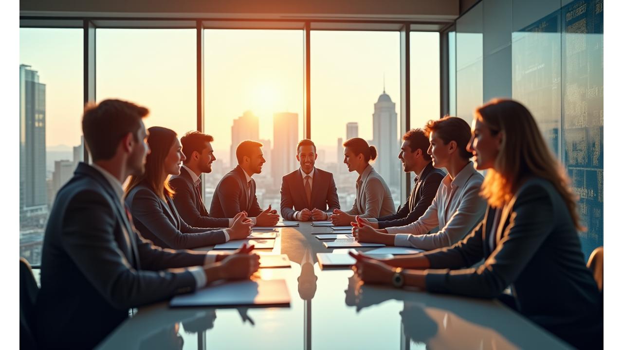 Diverse group of business professionals in a collaborative meeting, sharing ideas in a modern, sunlit setting. Metaphor for strategic alliances.
