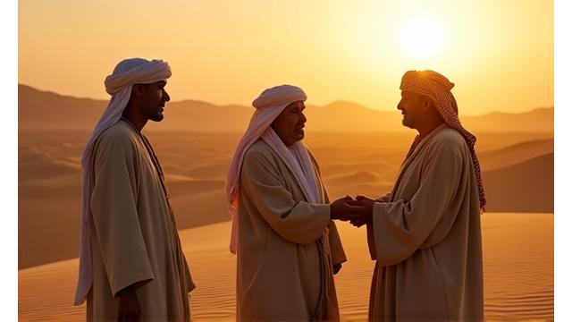 Documentary film crew respectfully interacting with local Bedouin community elders in a desert environment