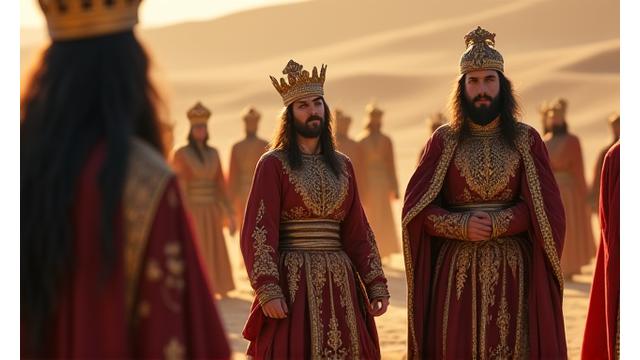 A scene from an ancient Persian epic film, showing culturally accurate costumes and setting
