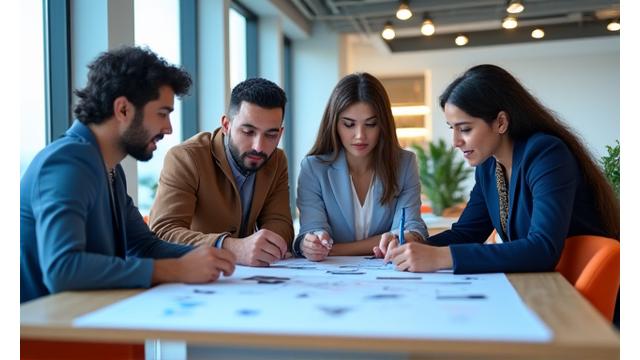 A diverse group of young professionals from various Middle Eastern backgrounds collaborating on a tech project in a modern office