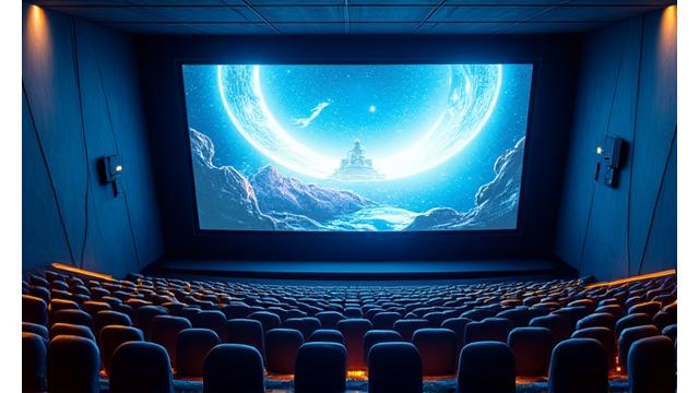 Modern cinema auditorium with new projection and sound systems being installed in Dubai.