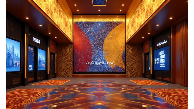 A vibrant movie poster in a luxurious Saudi Arabian cinema lobby, depicting success.