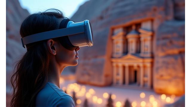 Person using VR headset observing a detailed 3D rendering of an ancient UNESCO heritage site.