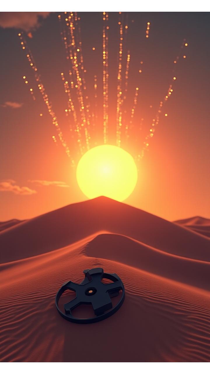 Cinematic desert landscape at sunset with subtle modern tech overlay, symbolizing Hollywood innovation meeting cultural authenticity.
