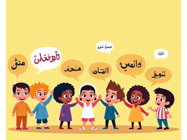 Brightly colored animated characters speaking with speech bubbles in different languages