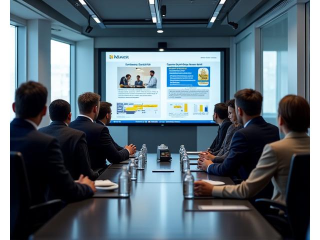 Business professionals interacting with a localized corporate training video on a large screen