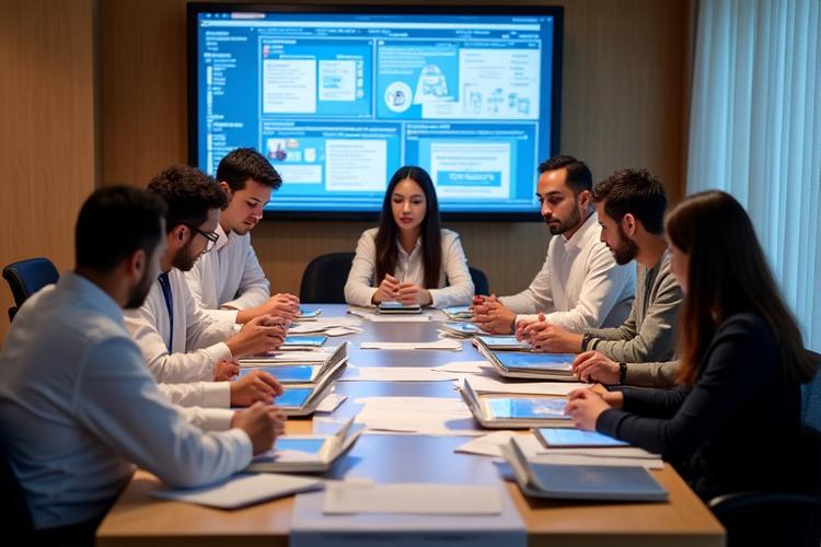 Team of cultural consultants reviewing content on screens and documents