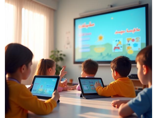 Children in a classroom learning from a tablet displaying multilingual content