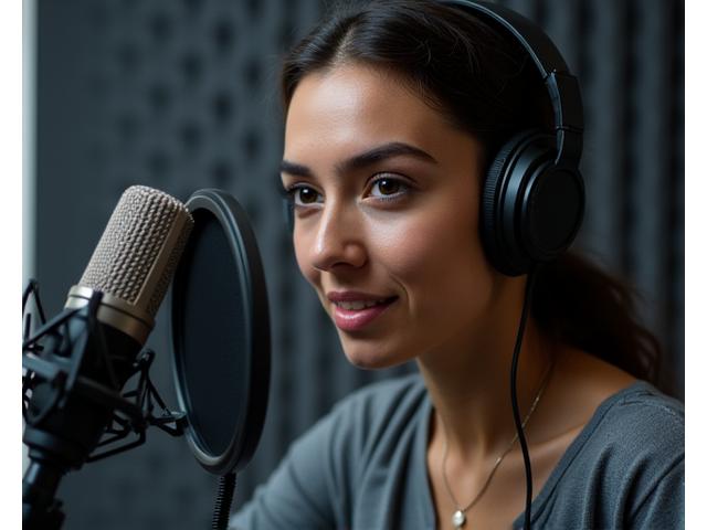 Professional voice actor in a sound booth