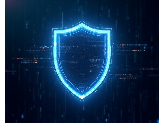 Abstract digital shield icon representing data security and protection, with glowing lines and binary code in the background, set against a dark blue and amber backdrop.