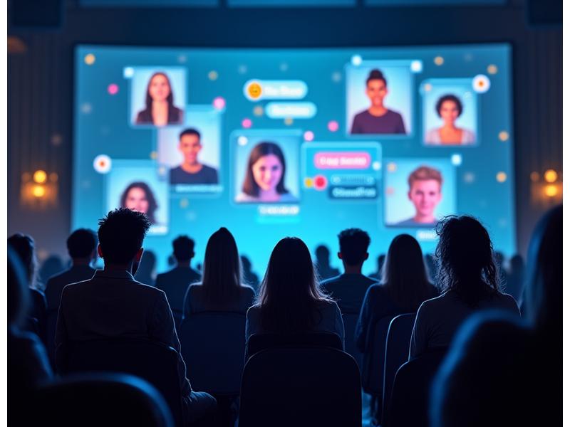 Diverse virtual audience members interacting on a screen, with chat bubbles, emojis, and live polls visible, indicating active engagement.