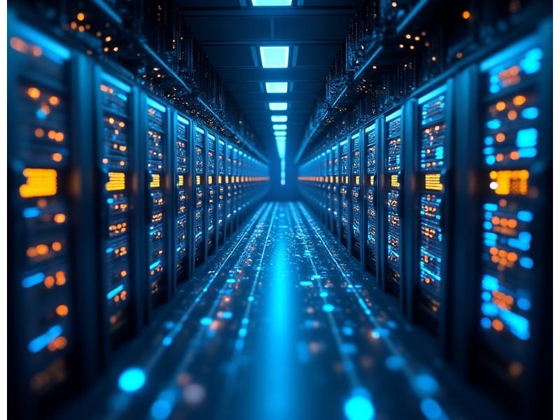 Complex network of servers and data lines glowing blue and green, representing robust, scalable cloud infrastructure.