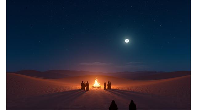 Immersive VR scene depicting Bedouin people gathered around a campfire beneath desert stars.