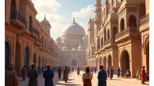 Virtual scene of Medieval Islamic Cairo, depicting market life and historic mosques.