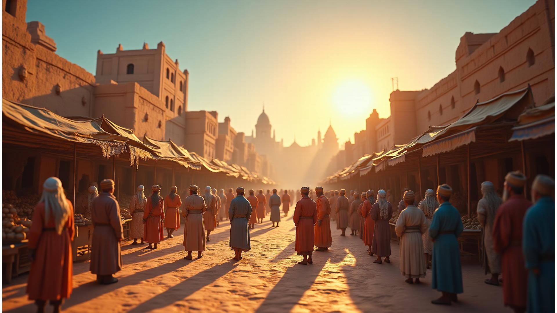 Panoramic 360-degree view of an ancient Middle Eastern city marketplace, bustling with life, rendered in high-resolution virtual reality.