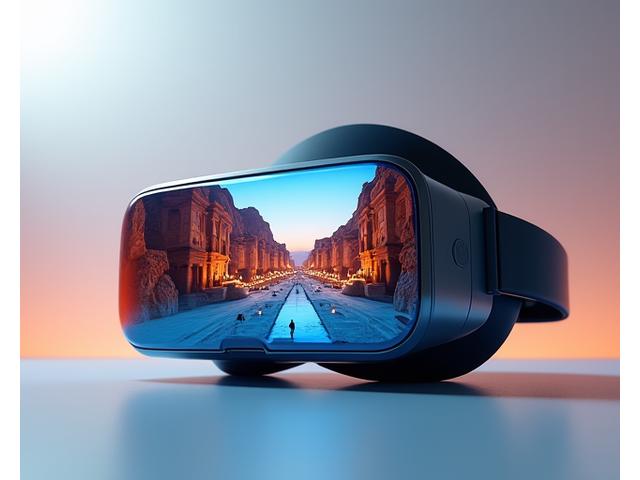 High-resolution render of a modern VR headset displaying ancient ruins, symbolizing advanced technology combined with historical content.